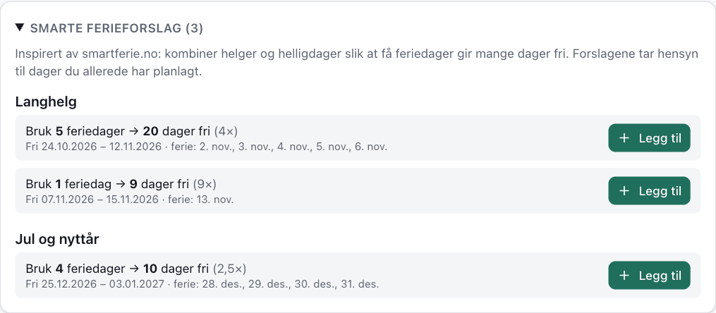 Smarte ferieforslag med antall feriedager brukt og antall dager fri