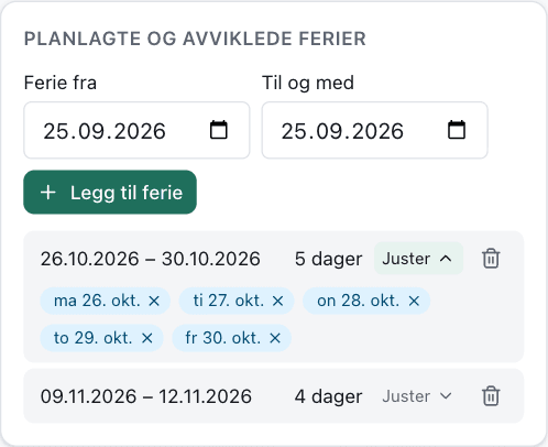 Listen over ferieperioder med dagene i en periode vist som merker med kryss