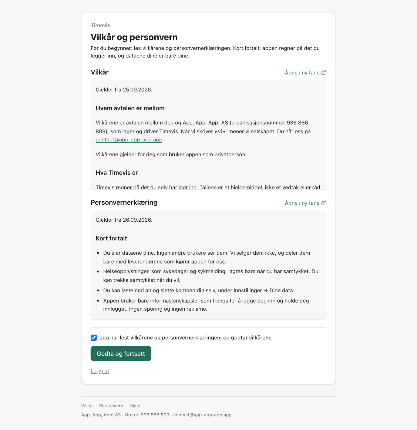 Siden Vilkår og personvern med vilkårene, personvernerklæringen, avkrysningen og knappen Godta og fortsett