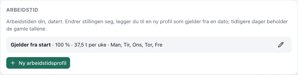Arbeidstid-kortet med profil som gjelder fra start