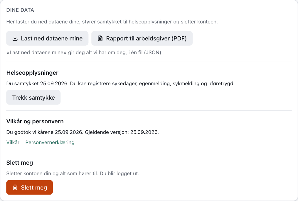 Kortet Dine data i Innstillinger med nedlasting, helseopplysninger, vilkår og Slett meg