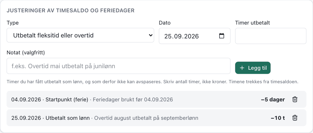 Kortet Justeringer med typen Utbetalt fleksitid eller overtid og listen over justeringer