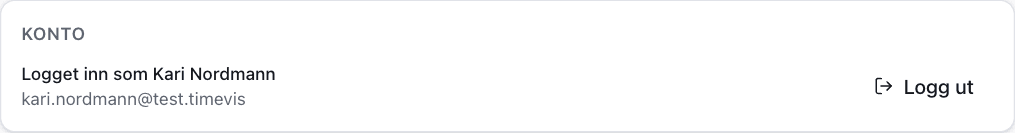 Kortet Konto i Innstillinger med navn, e-post og knappen Logg ut